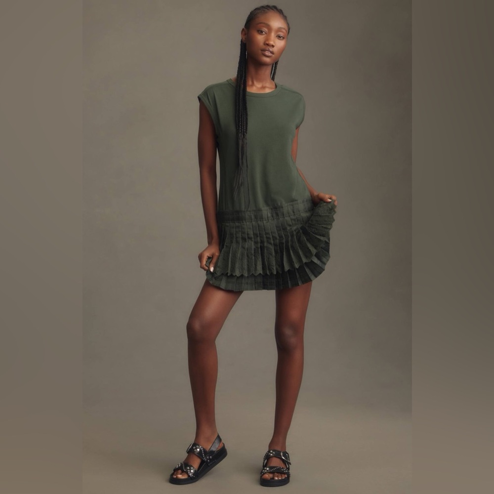 Anthropologie Olive Green Mini Dress with Pleated Hem